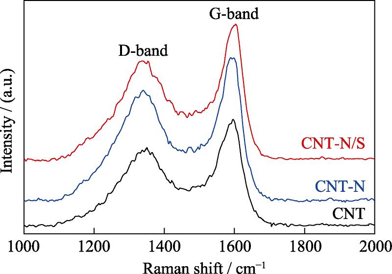 Raman spectra of the fibrous brucite templated carbon nanotube CNT, CNT-N and CNT-N/S