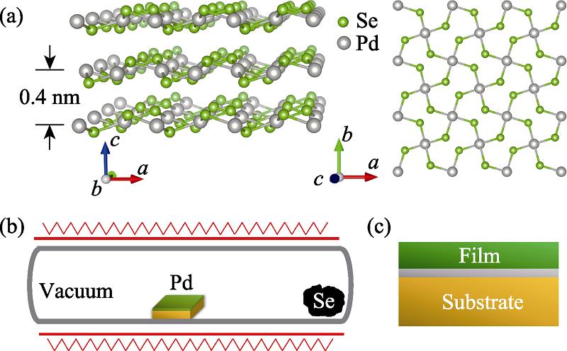Side and top view of the crystal structure of PdSe2 thin films (a), schematic illustration for the growth of PdSe2 films on SiO2/Si substrates by post-selenization of a Pd layer in an evacuated quartz ampule (b), and structure diagram of the PdSe2/SiO2/Si structure (c)