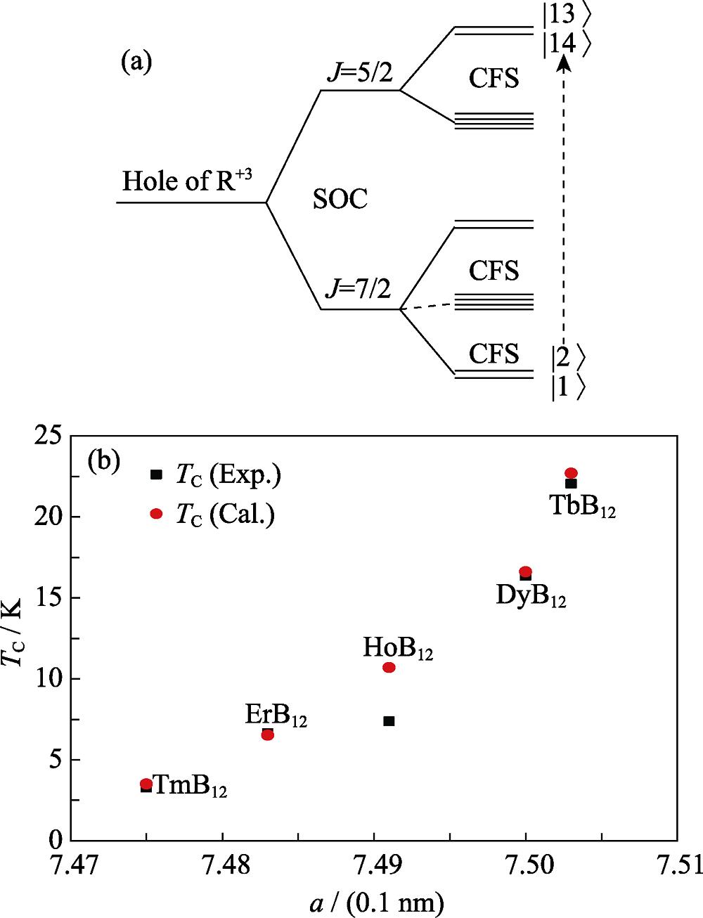 Level scheme of 4f-orbitals of rare-earth ions in hole picture (a), and the measured and ﬁtted TC of RB12 (b)