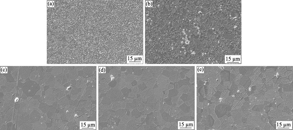 FESEM images of Co:MgAl2O4 ceramics vacuum-sintered at different temperatures for 5 h(a) 1500 ℃; (b) 1550 ℃; (c) 1600 ℃; (d) 1650 ℃; (e) 1700 ℃