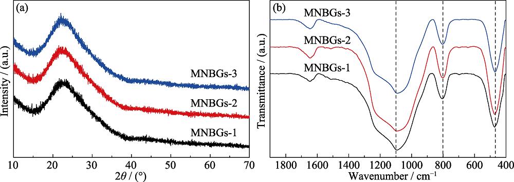 XRD patterns (a) and FT-IR spectra (b) of MNBGs