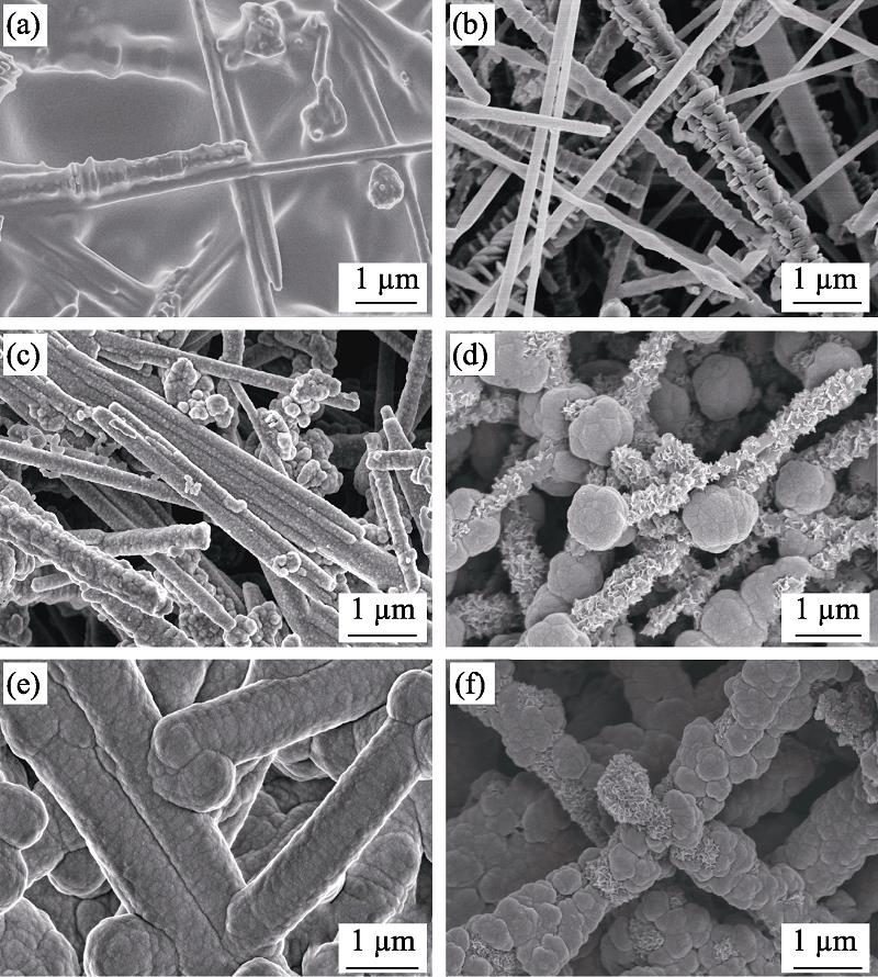 Surface morphologies of the SiCNWs/PVA film (a), SiCNWs network without PyC and SiC deposition (b), surface morphologies of sample without (c) and with (d) PyC interphase after short time CVI process, and without (e) and with (f) PyC interphase after a long time CVI process