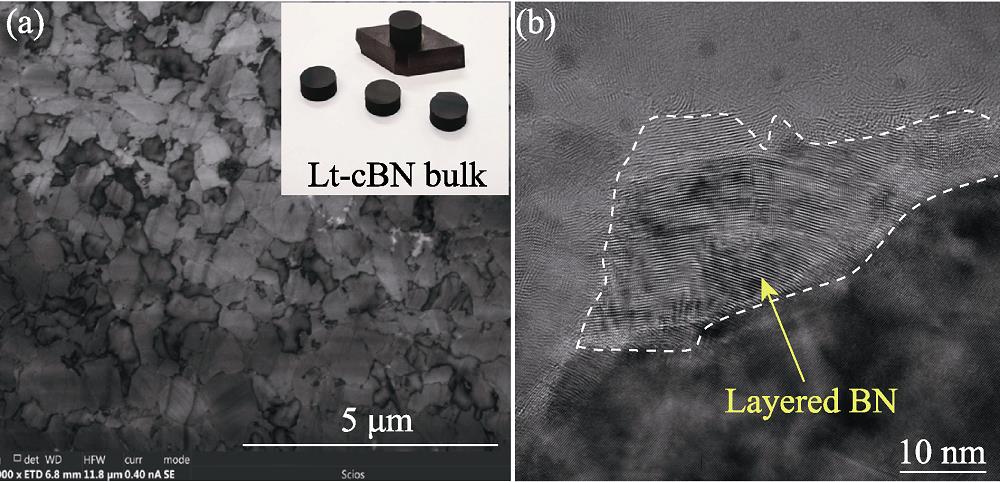 Images of Lt-cBN microstructure with insert showing its bulk (a) and layered BN at the intersection of grains (b)