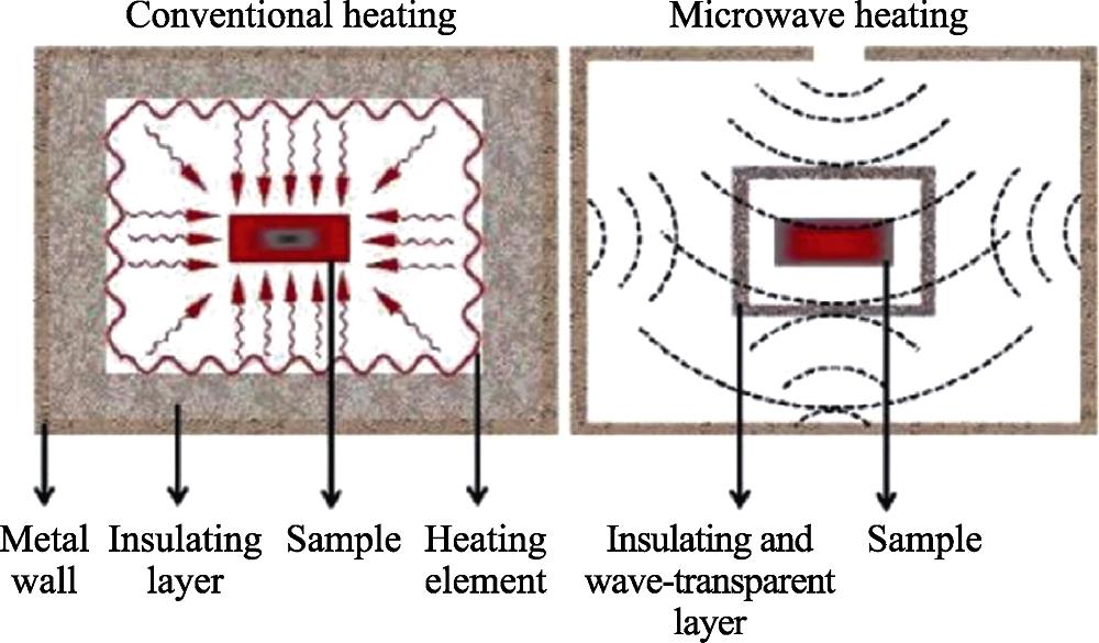 Schematic diagram of microwave heating and conventional heating methods