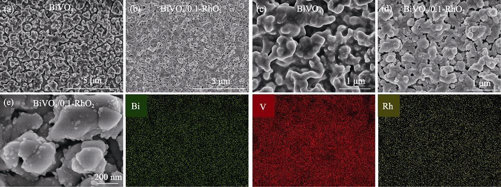 (a, b) Low-magnification and (c, d) high-magnification FESEM images of bare BiVO4 surface and BiVO4/0.1-RhO2 photoanodes, and (e) high-magnification SEM image with elemental mappings of the BiVO4/0.1-RhO2 photoanode