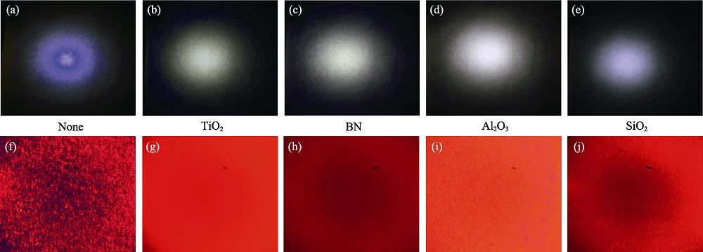 (a-e) Illumination images of laser-driven white light sources from YAG, YAG-TiO2, YAG-BN, YAG-Al2O3, and YAG-SiO2 PiG films under excitation of a laser power density of 1.72 W/mm2, and (f-j) Speckle images of YAG, YAG-TiO2, YAG-BN, YAG-Al2O3, and YAG-SiO2 PiG films under 445 nm laser excitation
