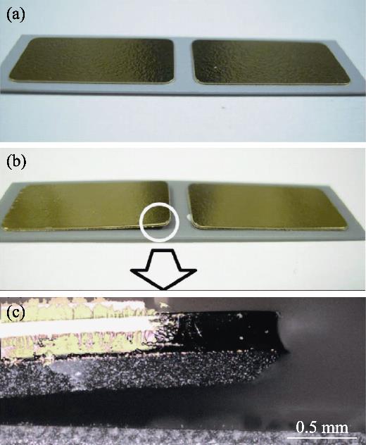 Appearance of (a) Si3N4 coppered substrate after 1000 thermal cycles of -40 to 250 ℃, (b) AlN coppered substrate after 7 cycles of -40 to 250 ℃, and (c) side view of the delaminated Cu plate indicated by white circle in (b) [9]