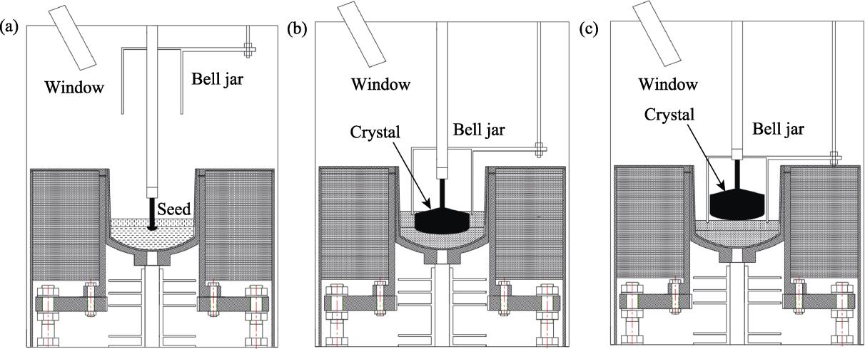 Schematic of the processes of semi-sealed Czochralski method(a) Seeding and shoulder stage; (b) Diameter-controlling stage; (c) Crystal raised from the melt