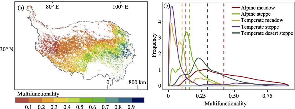 The spatial pattern of multifunctionality in the alpine grassland on the Tibetan Plateau (a), and the probability density curves of the multifunctionality values in different types of grassland (b).