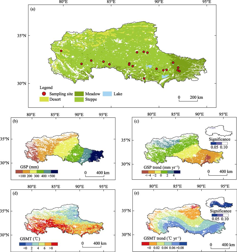 Basic information for the study area. Panel (a) shows the grassland types on the NTP and sampling sites used in this study. Panel (b) shows the spatial distribution of precipitation amounts and Panel (c) shows the change trend of total precipitation during the growing season (GSP). Panel (d) shows the spatial distribution of average temperatures and Panel (e) shows the change trend of the average temperature during the growing season (GSMT).