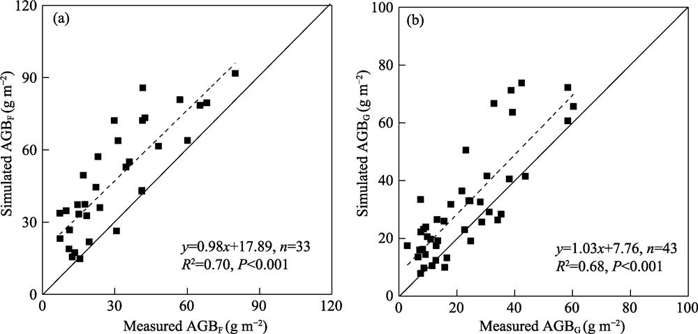 The correlations between the model simulation and field observations of aboveground biomass (AGB). (a) is for aboveground biomass of fenced grasslands (AGBF) and (b) is for aboveground biomass of open grasslands under grazing (AGBG)