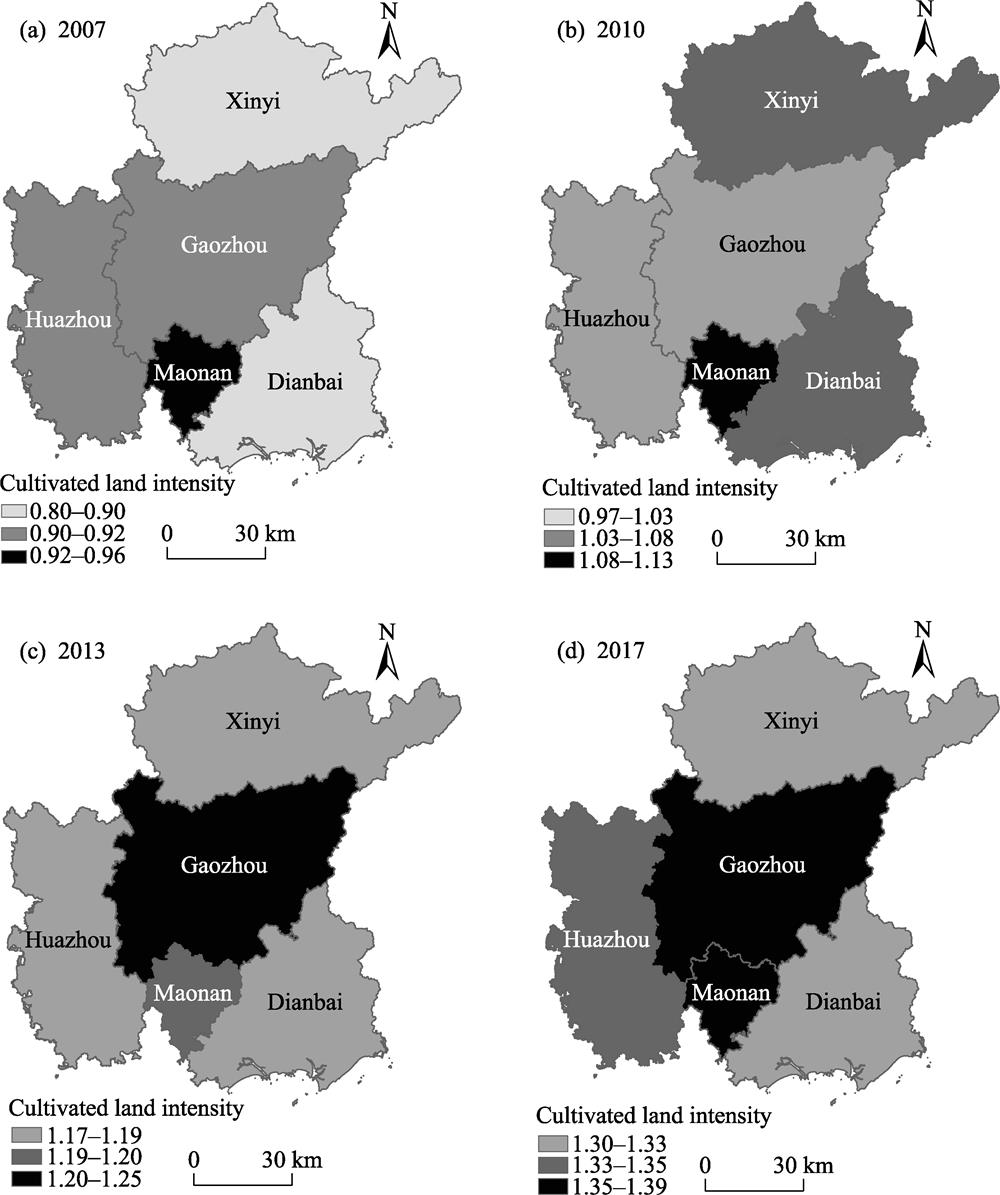 Spatial changes of cultivated land intensity in Maoming City in 2007, 2010, 2013 and 2017