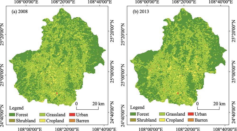 Land use classification and mapping in Huanjiang County in (a) 2008 and (b) 2013