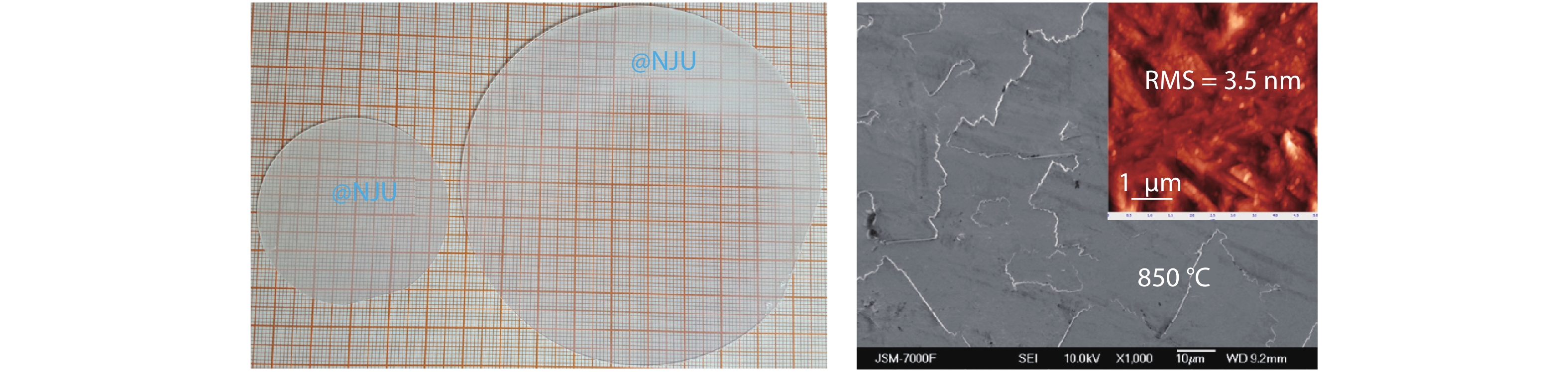 (Color online) Optical photograph (unpublished) and SEM images of HVPE grown β-Ga2O3 at 850 °C.