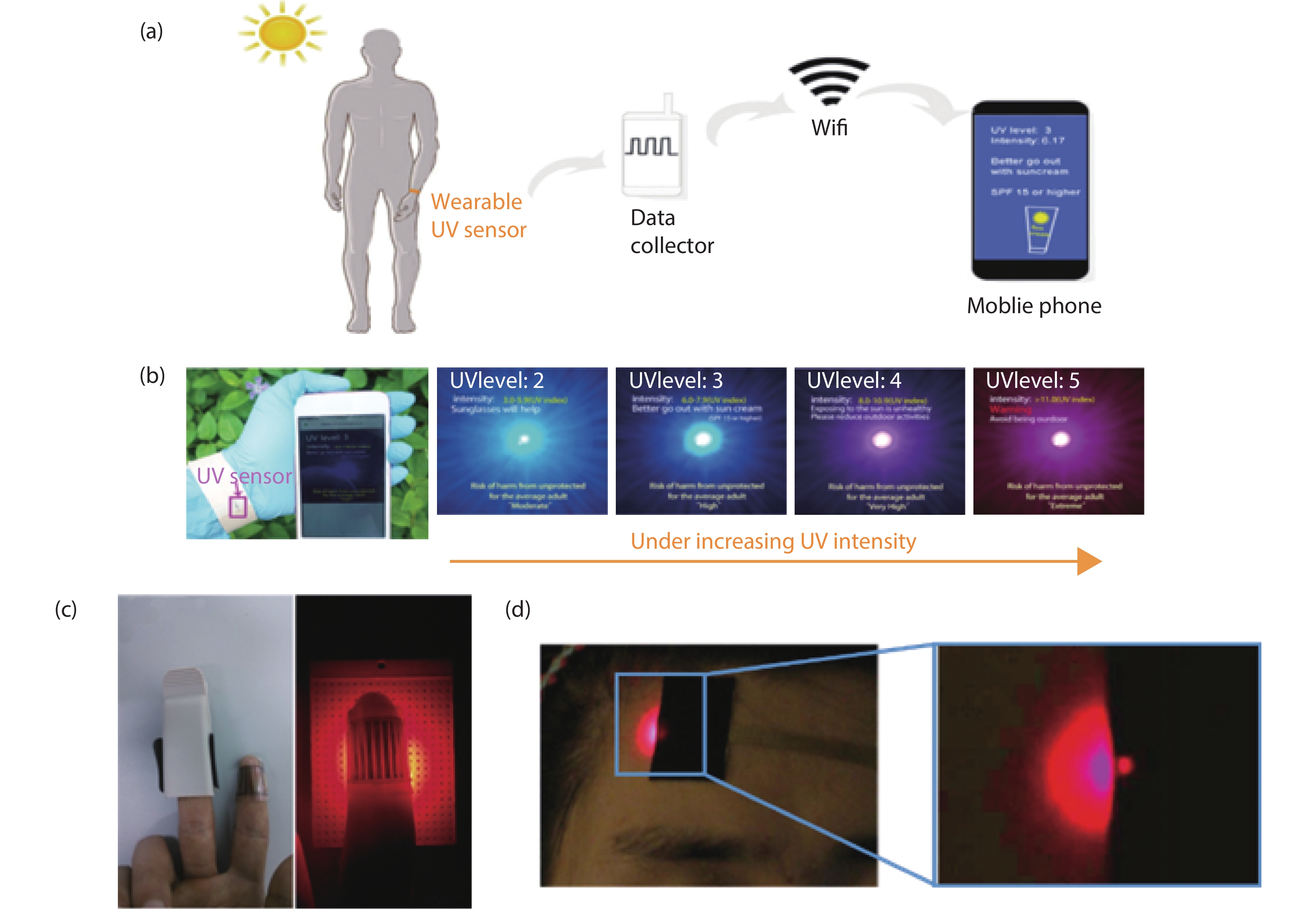 (Color online) Photodetectors for healthcare monitoring. (a) Schematic illustration of the wearable photodetector as a real-time UV monitor[14]. Copyright 2018, Adv Mater. (b) Photographs of a wearable real-time UV sensor in real life[14]. Copyright 2018, Adv Mater. (c) Comparison between traditional heart-rate sensor probe (clipped at middle finger) and the wearable photodetector (worn at forefinger)[15]. Copyright 2014, Appl Phys Lett. (d) Image of a device laminated on the skin of forehead, with an operating m-ILED (wavelength 650 nm) under room light illumination and in the dark[16]. Copyright 2014, Nat Commun.