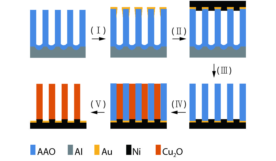 (Color online) Schematic illustration of the whole fabrication procedure of Cu2O NWs by AAO template: gold layer deposition (I), Ni electrodeposition (II), aluminum and barrier layer removal (III), Cu2O growth (IV), and template removal (V).
