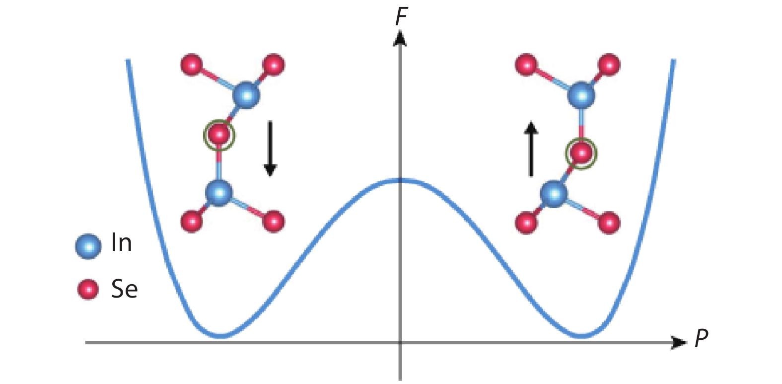 (Color online) Double-well landscape of the free energy F in a ferroelectric as a function of the electric polarization P. Insets: the two energetically degenerate state with opposite electric polarizations of α-In2Se3. The size-view ball-and-stick schematic illustrations are cited from Ref. [3].