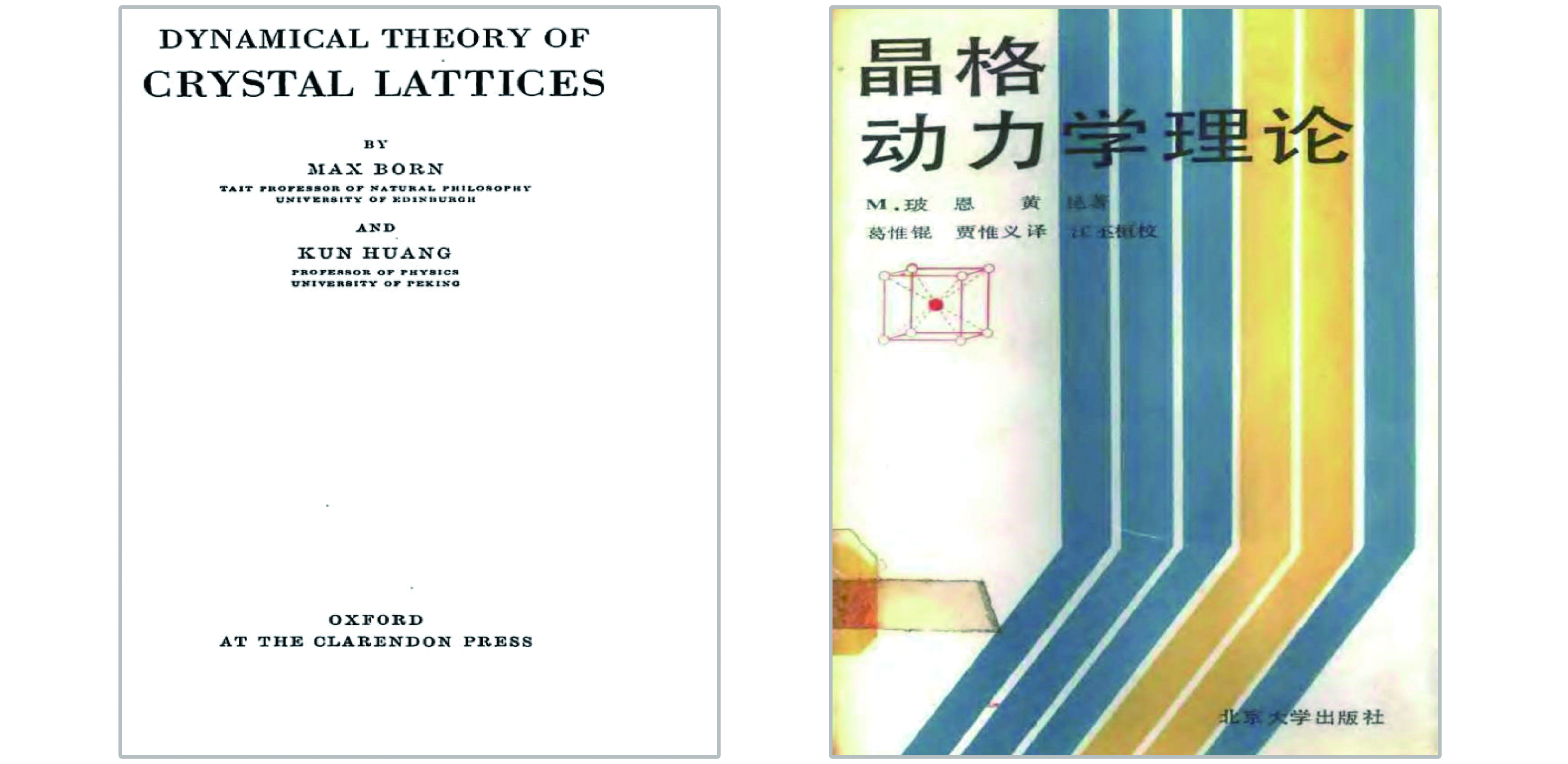 (Color online) Covers of the book "Dynamical theory of crystal lattices" co-authored by Prof. Kun Huang and Prof. Max Born, and the Chinese version.