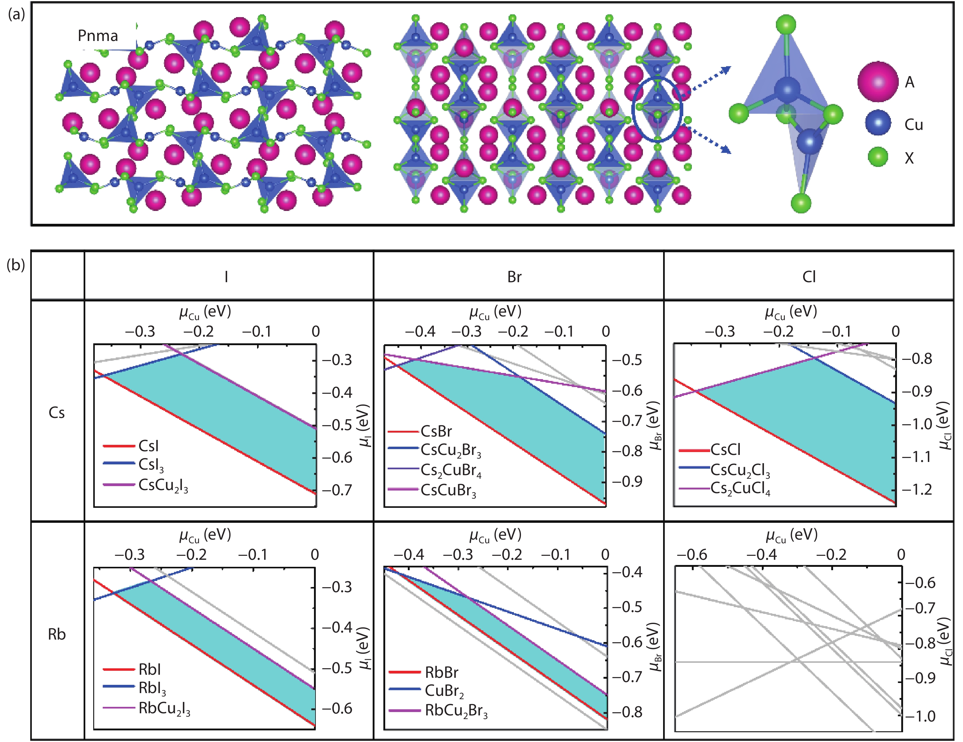 (Color online) (a) The optimized structure of CHPs with 325-type, they own the isostructural model with space group of Pnma, isolated [Cu2X5]3– anion unit is composed of two types of Cu+ sites, a trigonal site and a tetragonal site. (b) Calculated phase stability regions versus μCu and μX (referring to the chemical potential of Cu and X from that of their elementary substance) from left to right for the X site of I, Br, and Cl element and up to down for Cs and Rb element on A site, respectively. The cyan polygon region represents thermodynamic stability growth region, which is encircled by possible competing phases using colored line (red, blue, violet, and pink). A, Cu, and X atoms are in purple, coral and brown, respectively.