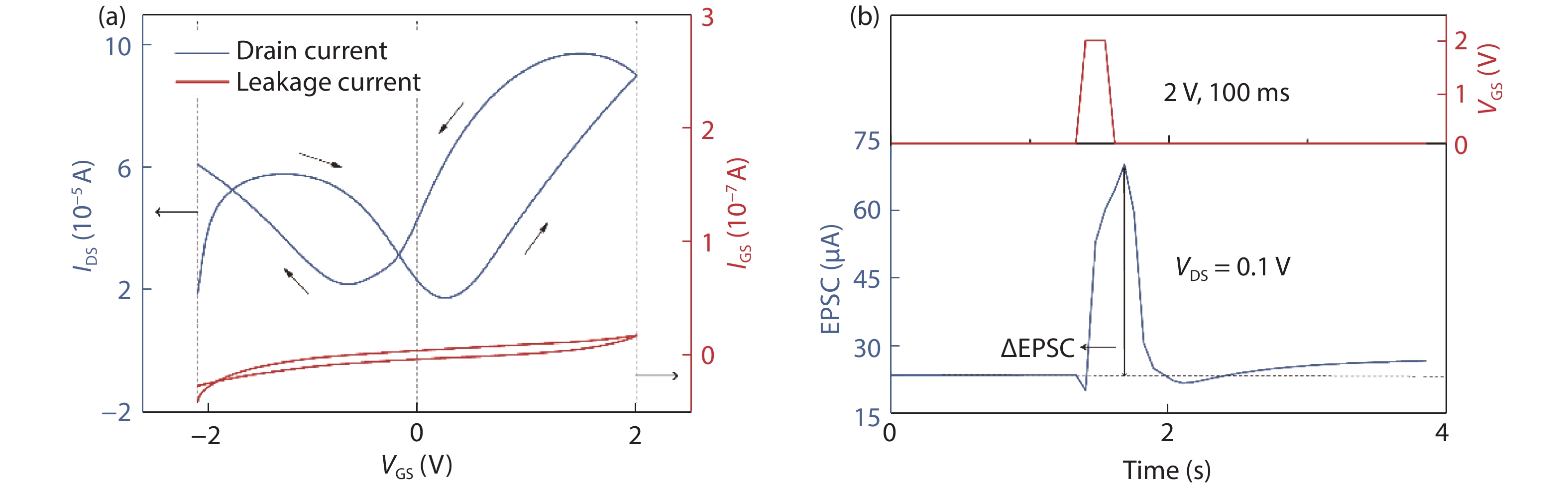 (Color online) (a) Transfer curve (left) of the graphene transistor and the leakage current (right) through Ion-Gel. Fixed bias VDS = 0.1 V. (b) A presynaptic spike (top) applied on the top-gate electrode and EPSC (bottom) triggered by the spike are shown versus time.