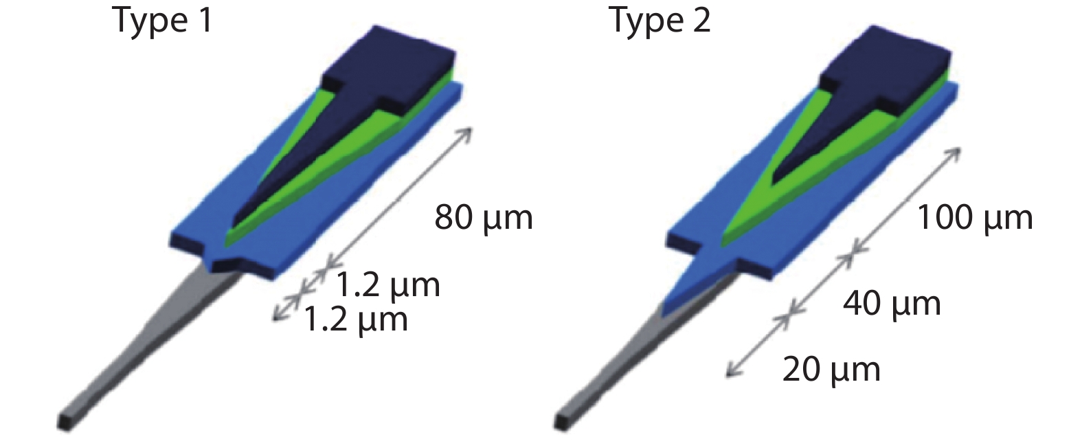 (Color online) Schematic of mode conversion tapers for coupling light into the silicon waveguide. The silicon waveguide is in gray while different sections of the top III –V layer with different taper lengths are shown in other colors[22].