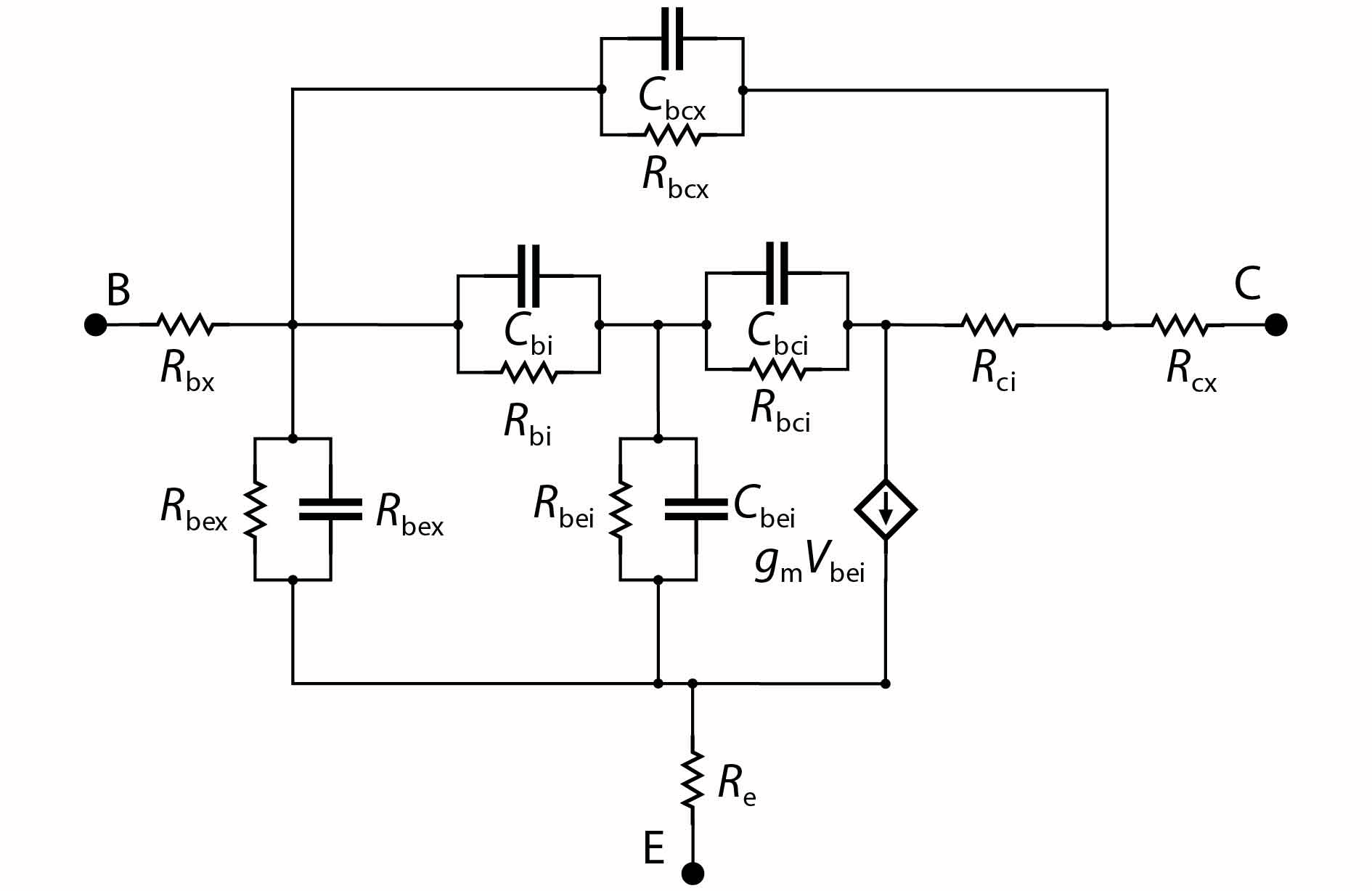 Complete small-signal equivalent circuit of HBT device including . .