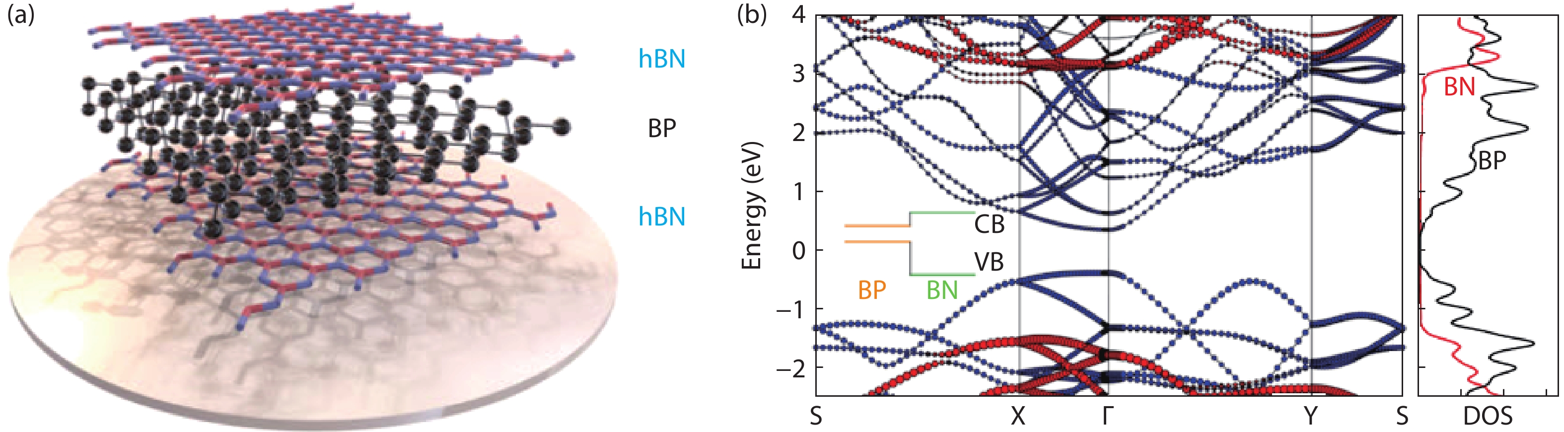 (Color online) Black phosphorus sandwich structure integration with hBN and its band structure. (a) A 3D schematic of hBN/BP/hBN heterostructure. (b) The HSE06 calculation results of the band structure and the local density of states (LDOS) for the hBN/BP heterostructure. Modified with permission from Ref. [38] Copyright 2016 American Chemical Society, (b) Ref. [39] Copyright 2015 American Chemical Society.