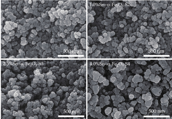 SEM top–view images ofα-Fe2O3 NPs with varied Sn concentrations as 0% Sn (S1), 1.0% Sn (S2), 2.5% Sn (S3) and 4.0% Sn (S4) samples.