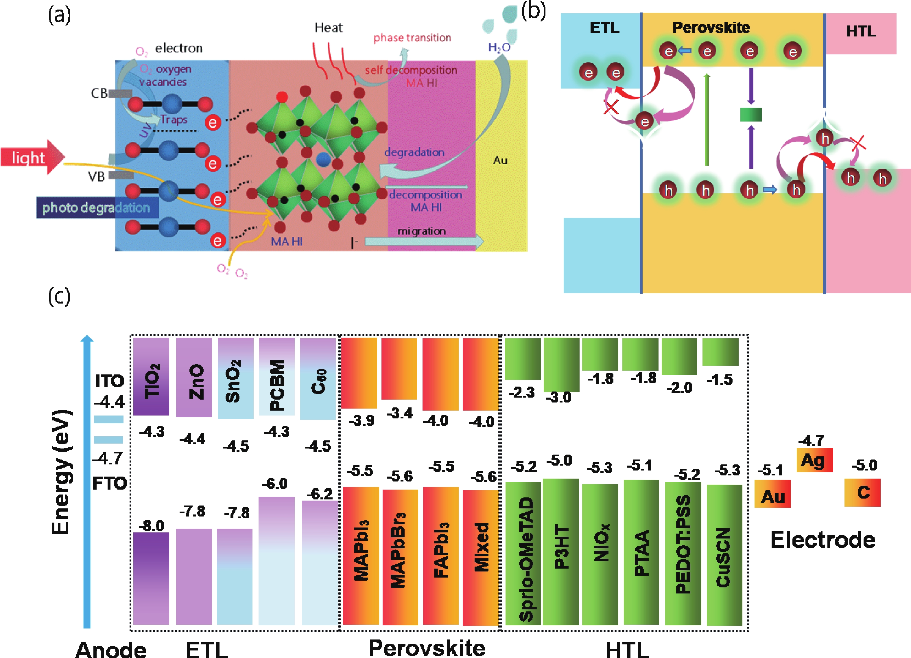 (Color online) (a) Perovskite crystal structure, Schottky defect, Frenkel defect and ion migration through interfaces. (b) Schematic illustration of photo-generation and, diffusion and transfer of charges at interfaces, trap-assisted nonradiative recombination (due to intrinsic defects and impurities at interfaces) and back transfer and interface recombination. (c) Energy band alignment of some typical materials used in perovskite solar cells.
