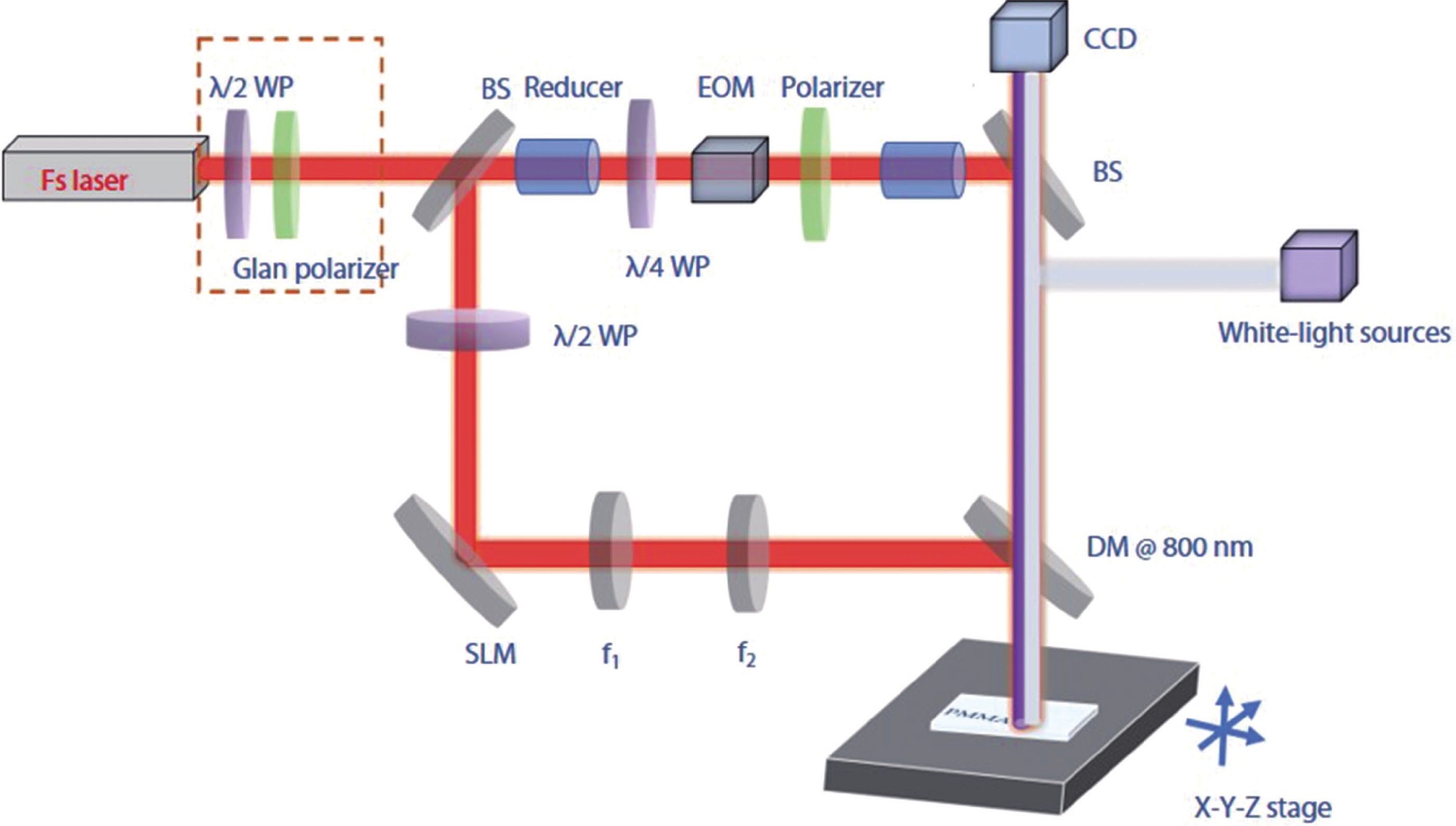 (Color online) Schematic diagram of the femtosecond laser writing system.