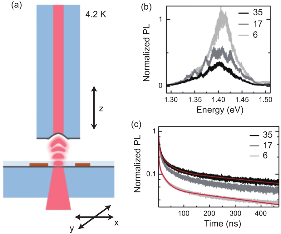 (Color online) Moiré exciton in a FP cavity. (a) Cavity setup at 4.2 K: the fiber-based micro-mirror forms the cavity together with a planar macro-mirror with CVD-grown MoSe2–WSe2 heterostructure on top. Independent translational degrees of freedom enable lateral sample displacement and cavity length detuning. (b) Spectra of interlayer exciton PL for the corresponding cavity lengths. (c) Traces of interlayer exciton PL decay shown for three selected cavity lengths of 35, 17, and 6μm. The solid lines are fits to the data with three-exponential decay constants. Note the speed up in the decay upon the reduction of the cavity length[19].