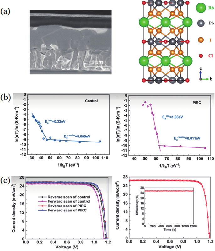 (Color online) (a) (PbI2)2RbCl and its crystal structure in PSCs. (b) Ion-migration activation energy in control perovskite or perovskite with (PbI2)2RbCl. (c) J–V curves for PSCs with (PbI2)2RbCl. Reproduced with permission[1], Copyright 2022, the American Association for the Advancement of Science.