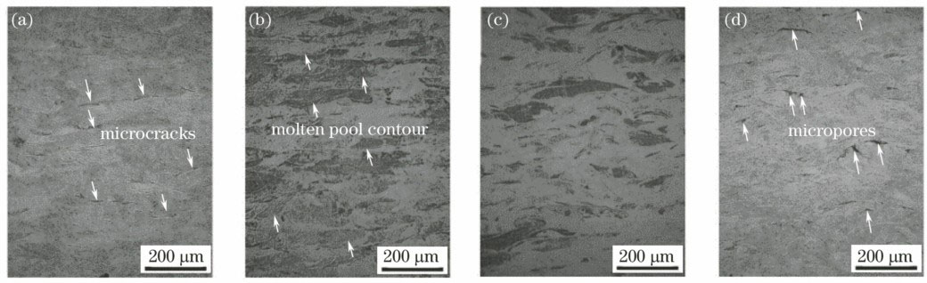 Cross-sectional images of Ti components formed by SLM under different scanning speeds. (a) 100 mm·s-1; (b) 200 mm·s-1; (c) 300 mm·s-1; (d) 400 mm·s-128<