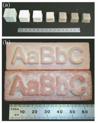 (a) Shrinkage photo of printed samples; (b) printed samples using glass powders with different particle sizes (both scales of millimeter-level)[6]