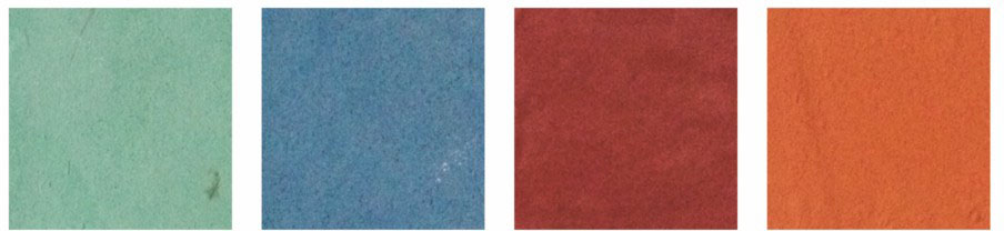 Four kinds of mineral pigment samples of azurite, malachite green, vermilion, and red lead