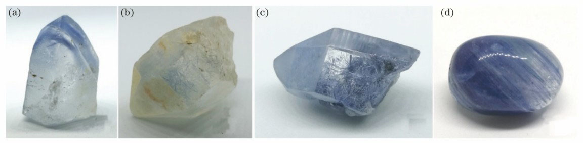 Crystals with needle-like dumortierite (a-c) and dyed crystal (d)