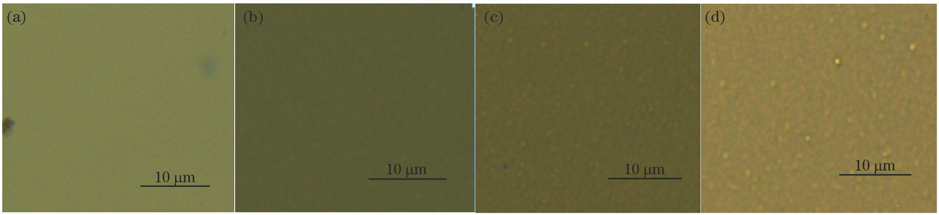 Optical micrographs with the gold film thickness of (a) 3 nm, (b) 6 nm, (c) 8 nm, (d) 10 nm, while the annealing temperature is 570 ℃ and the annealing time is 210 s