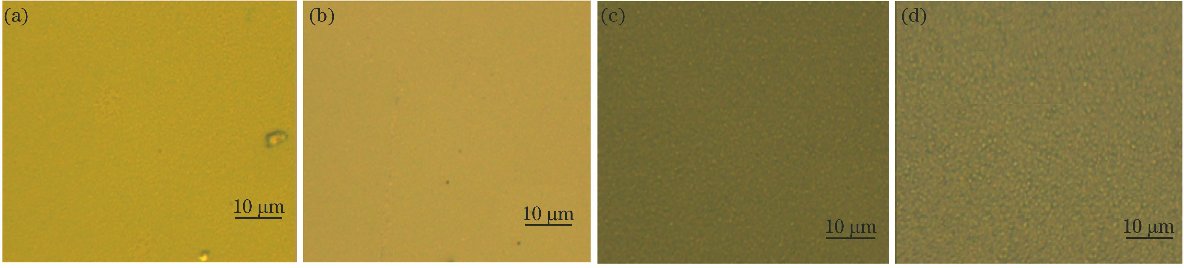 Optical micrographs with the annealing temperature of (a) 500 ℃, (b) 550 ℃, (c) 570 ℃, (d) 600 ℃ while the gold film thickness is 10 nm