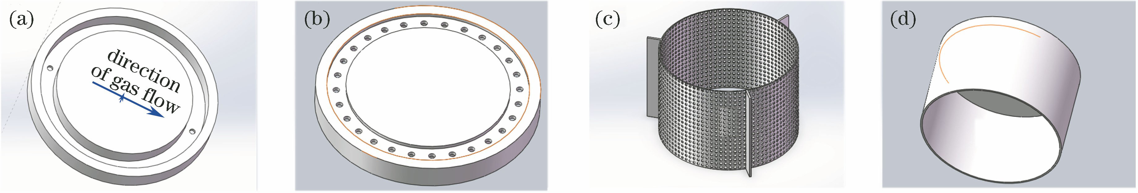 Internal structural diagram of 100-mm-diameter cylindrical reaction chamber. (a) Pedestal; (b) annular holes; (c) baffle; (d) wall of reaction chamber