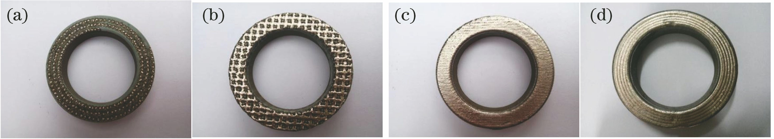 Surface morphologies of coatings under different laser remelting trajectories.(a) Dotted; (b) rectangular; (c) parallel; (d) circular