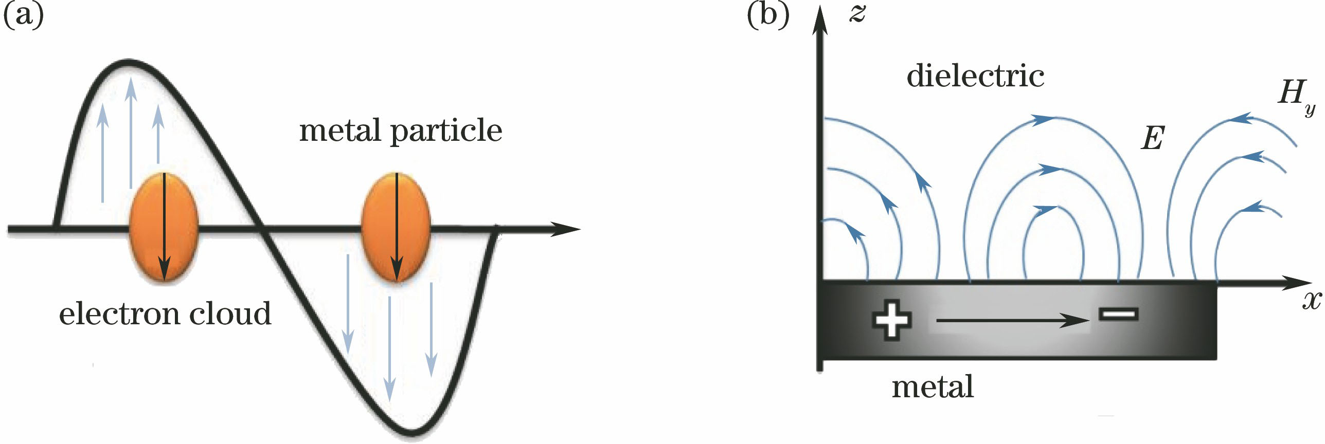 (a) Localized surface plasmon oscillation; (b) spreading surface plasmon