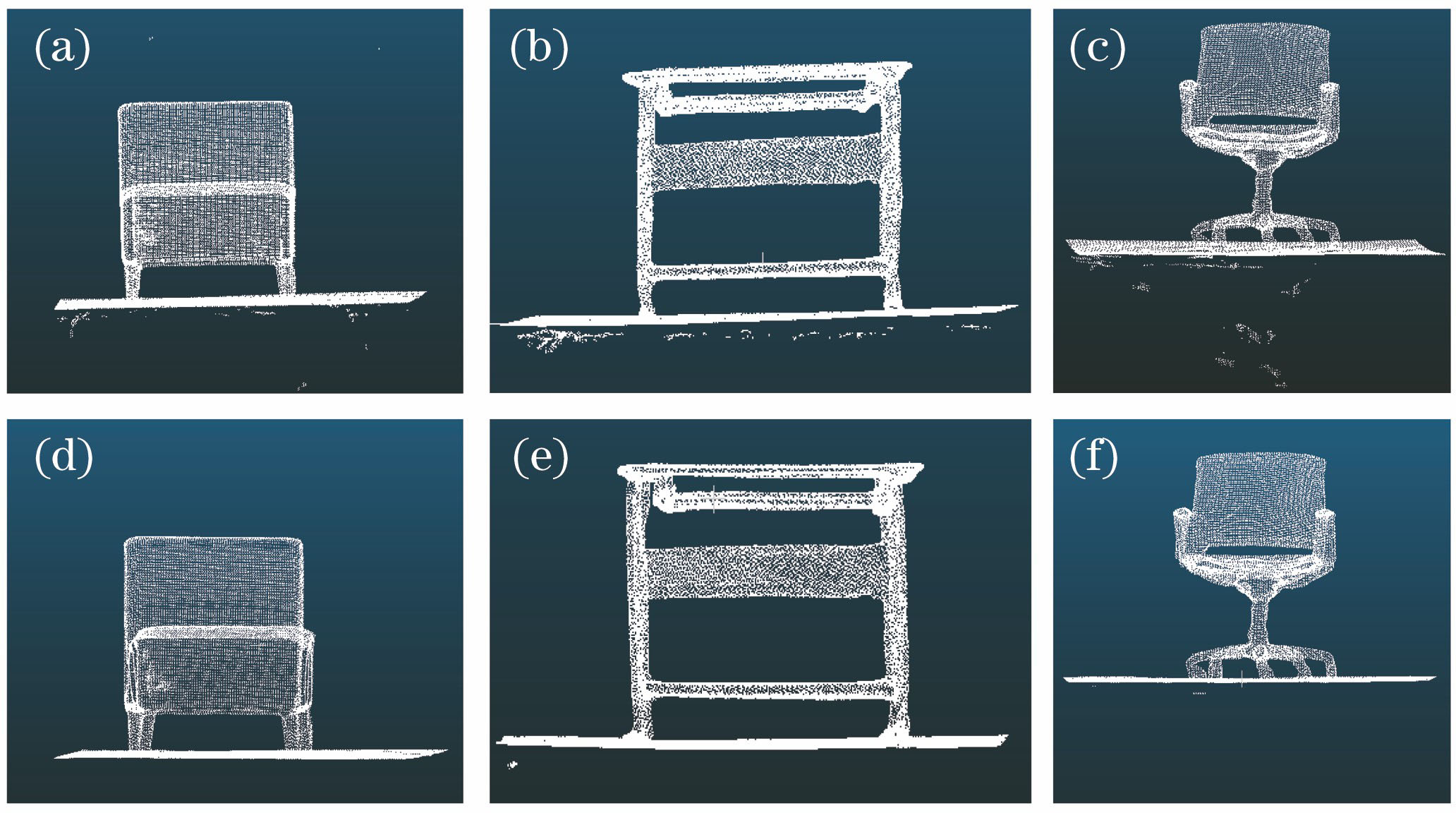 Comparison results before and after statistical filtering. (a) Sofa before filtering; (b) table before filtering; (c) chair before filtering; (d) sofa after filtering; (e) table after filtering; (f) chair after filtering