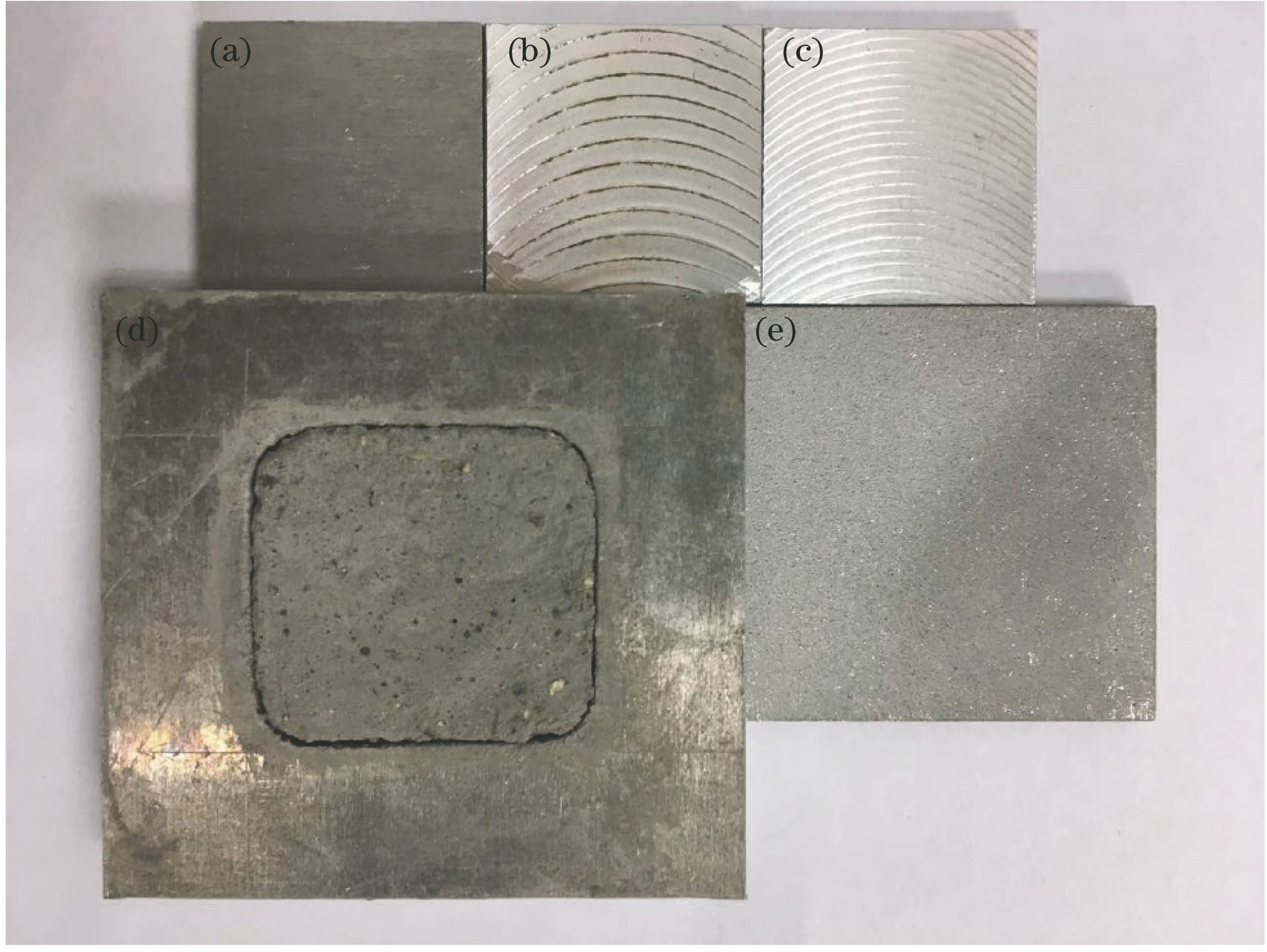 Test samples. (a) 2024 aluminum alloy, R=0.8 μm; (b) 2024 aluminum alloy, R=6.3 μm; (c) 2024 aluminum alloy, R=50 μm; (d) cement plate; (e) aluminum plate blasted with brown corundum