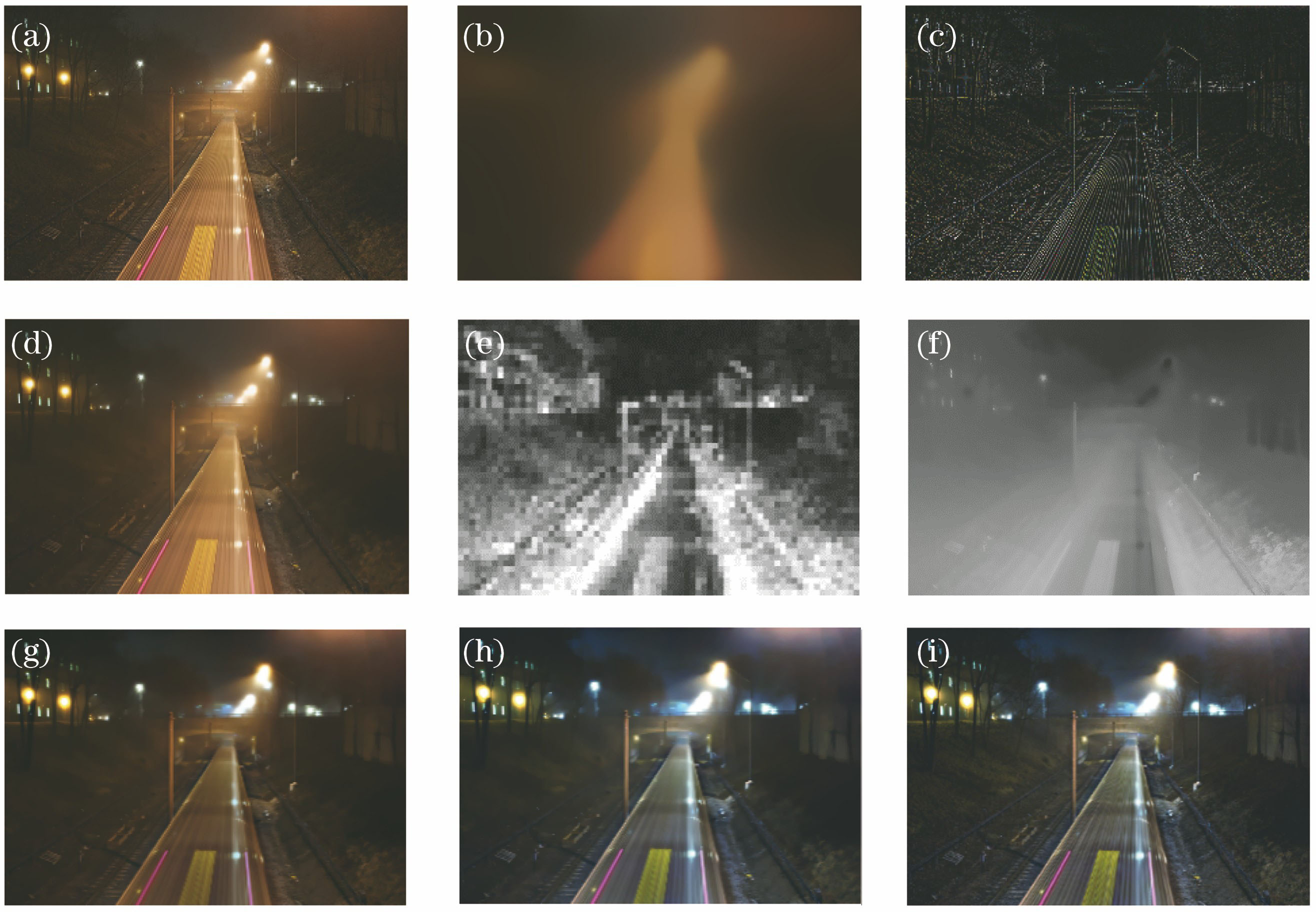 Results of steps in the proposed method. (a) Nighttime haze image; (b) atmospheric light; (c) texture layer; (d) structure layer; (e) initial transmission; (f) transmission; (g) haze-free structure layer; (h) haze-free structure layer after color correction; (i) final result