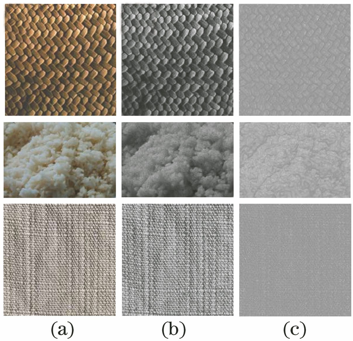 Decomposition effects of the texture images. (a) Source texture image; (b) decomposed structure information; (c) decomposed texture information