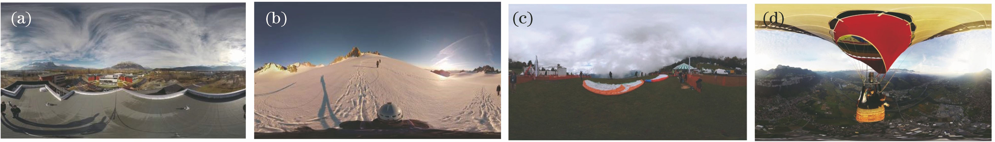 360° image sequences. (a) Building sequence for camera fixed; (b) glacier sequence for camera not fixed; (c) jump sequence for camera fixed; (d) ballooning sequence for camera not fixed