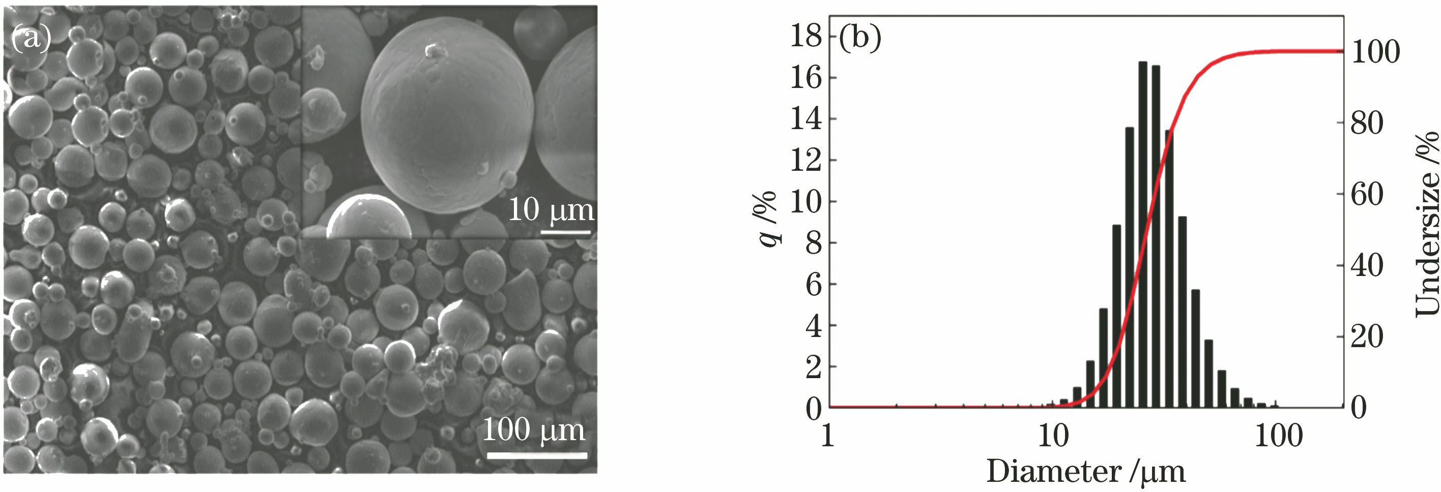 Micro-morphology and size distribution of Ti-6Al-4V powder. (a) Morphology; (b) size distribution