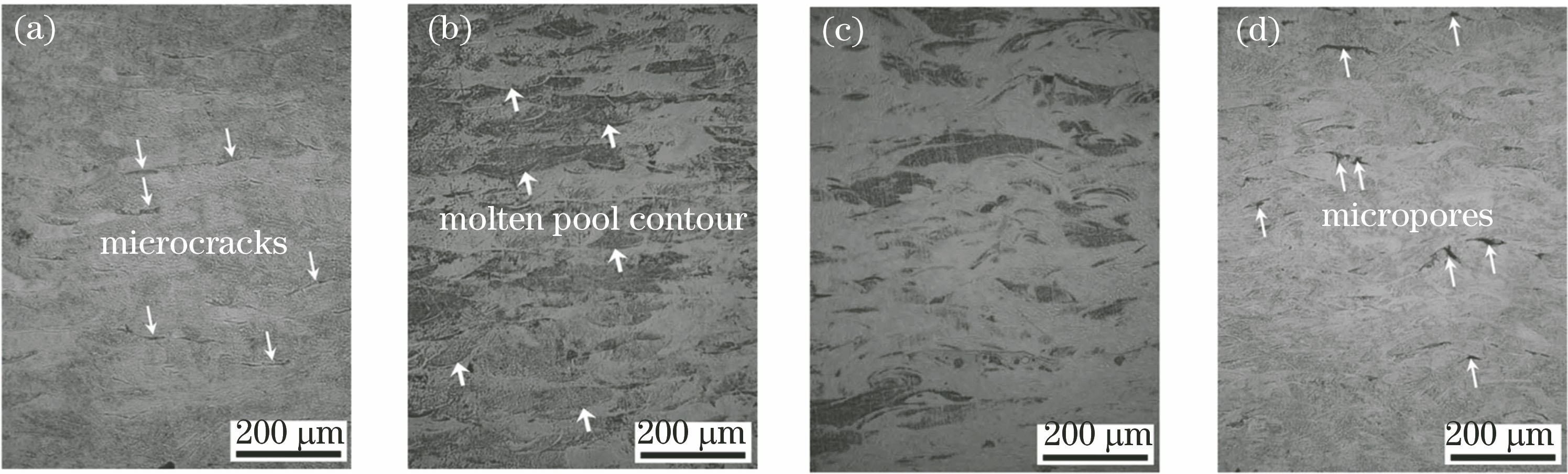 Optical microscopy images at cross sections of SLM-processed Ti parts under different scanning speeds[39]. (a) 100 mm/s; (b) 200 mm/s; (c) 300 mm/s; (d) 400 mm/s