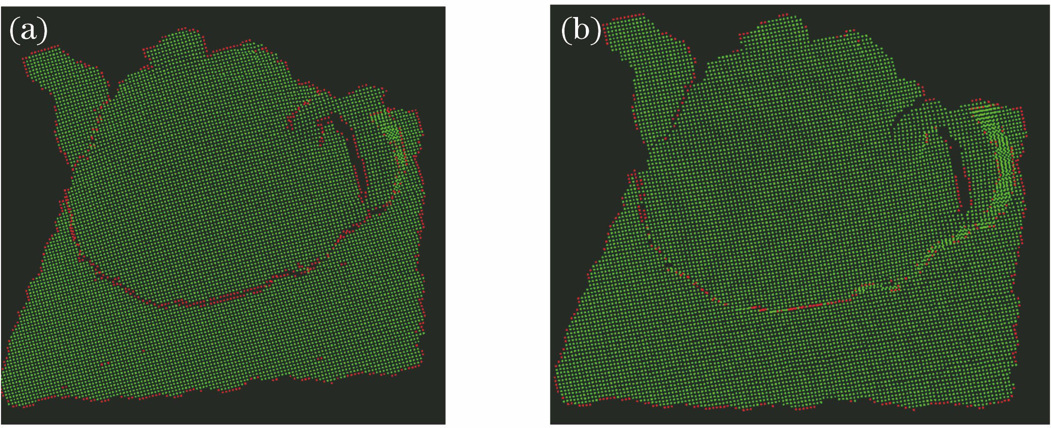 Comparison of extracted teapot edge point clouds. (a) Extracted teapot edge by improved algorithm; (b) extracted teapot edge by original algorithm