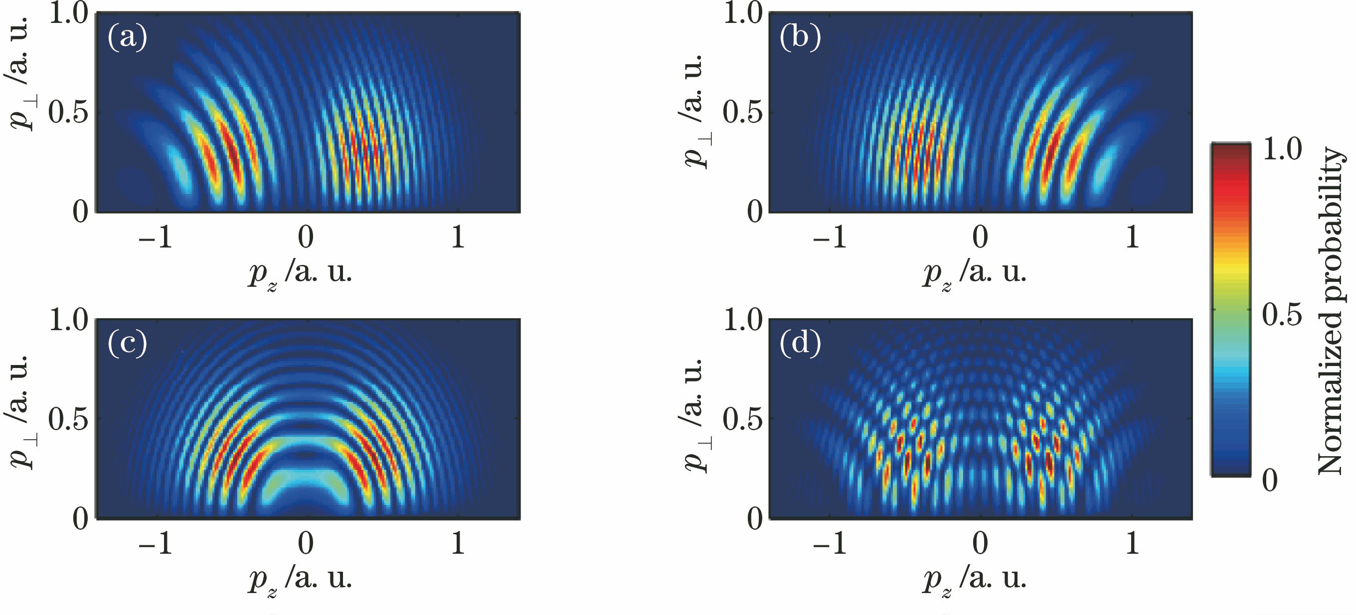 2D momentum spectra of H atom with SFA method. (a) A window and C window; (b) A window and B window; (c) B window and C window; (d) A window, B window, and C window